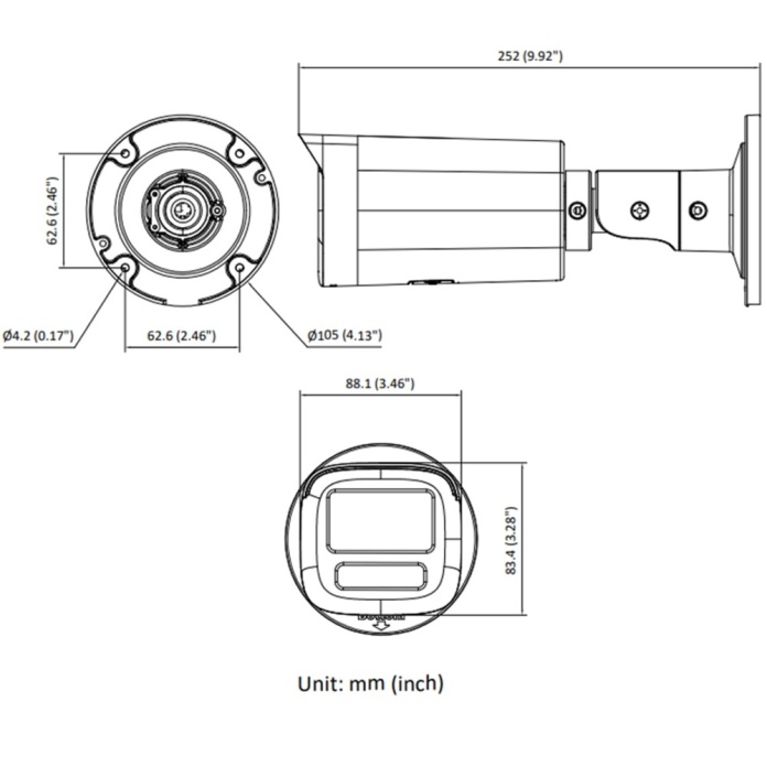 Rysunek techniczny kamery tubowej Hikvision 6Mpx